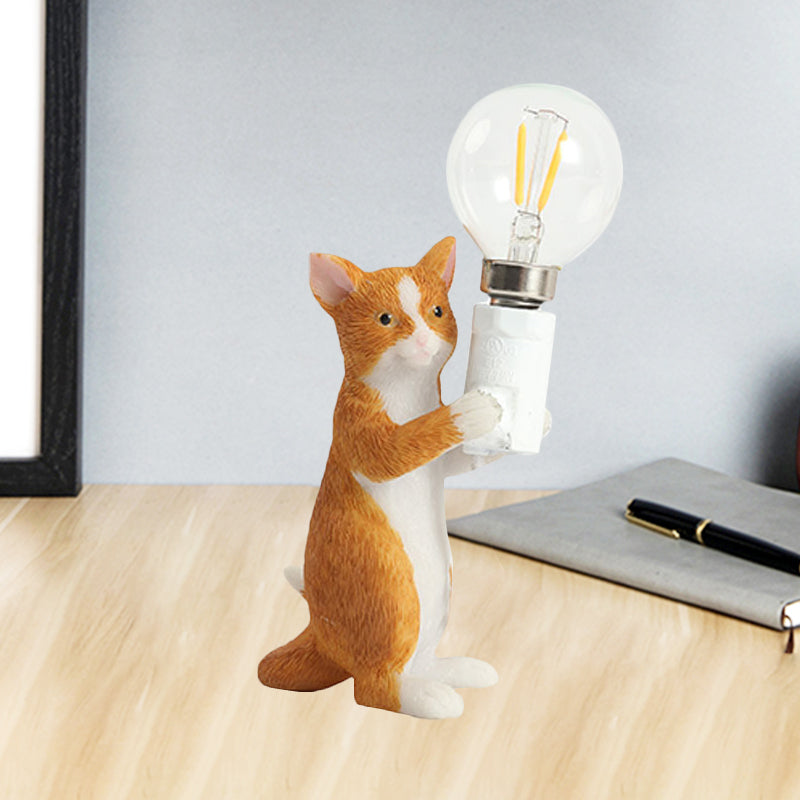 Tabby Cat Holder Table Lamp Kids Iron 1 Bulb Black/Yellow/Blue Nightstand Light with Bare Bulb Design Yellow A Clearhalo 'Lamps' 'Table Lamps' Lighting' 815322