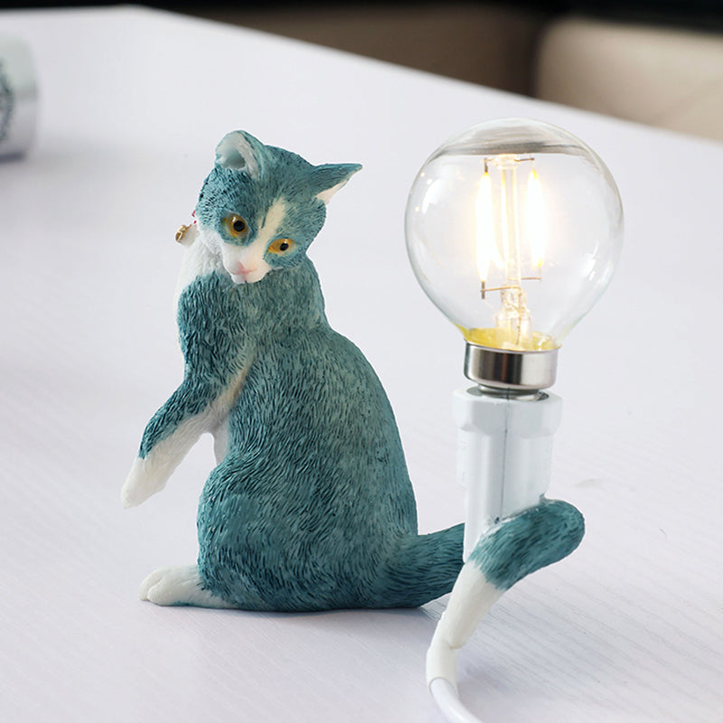 Tabby Cat Holder Table Lamp Kids Iron 1 Bulb Black/Yellow/Blue Nightstand Light with Bare Bulb Design Blue C Clearhalo 'Lamps' 'Table Lamps' Lighting' 815332