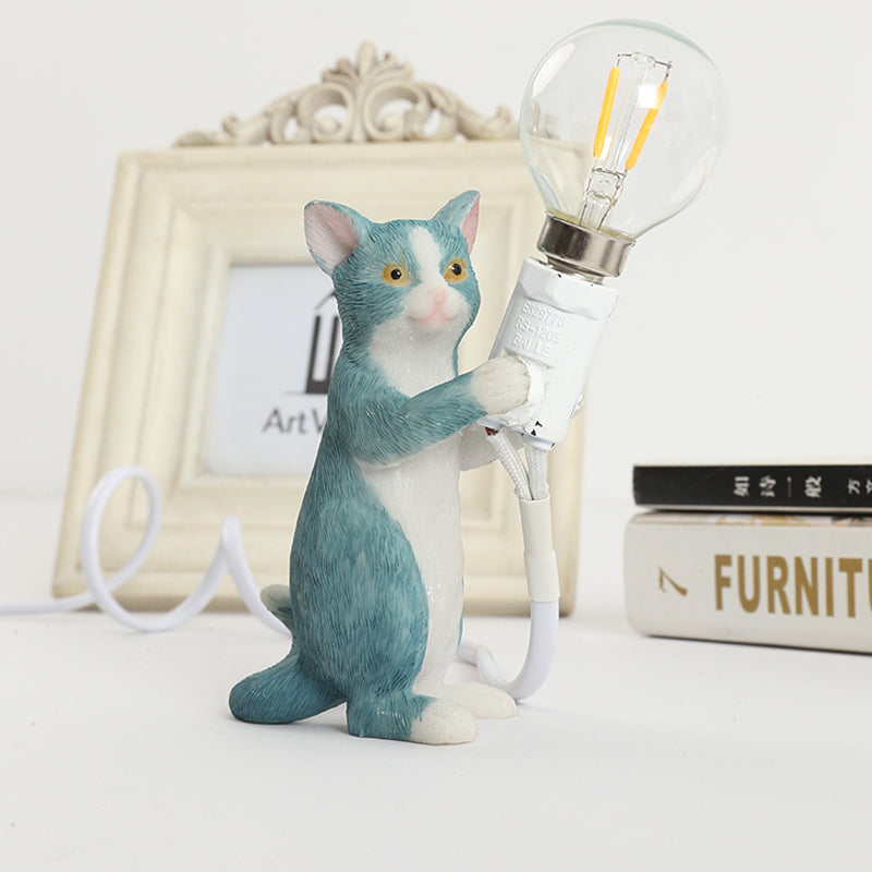 Tabby Cat Holder Table Lamp Kids Iron 1 Bulb Black/Yellow/Blue Nightstand Light with Bare Bulb Design Blue A Clearhalo 'Lamps' 'Table Lamps' Lighting' 815336