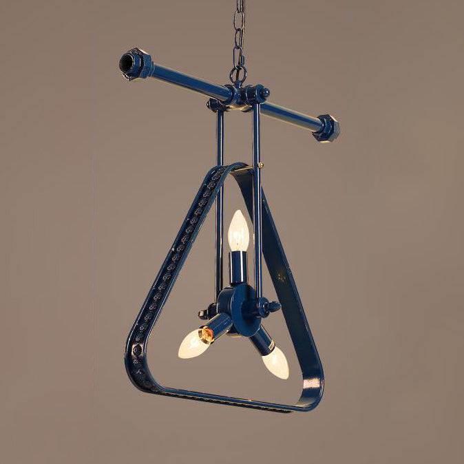 3 Heads Triangle Chandelier Lamp with Wire Frame Vintage Style Black/Red Metallic Hanging Ceiling Fixture Blue Clearhalo 'Cast Iron' 'Ceiling Lights' 'Chandeliers' 'Industrial Chandeliers' 'Industrial' 'Metal' 'Middle Century Chandeliers' 'Rustic Chandeliers' 'Tiffany' Lighting' 81534