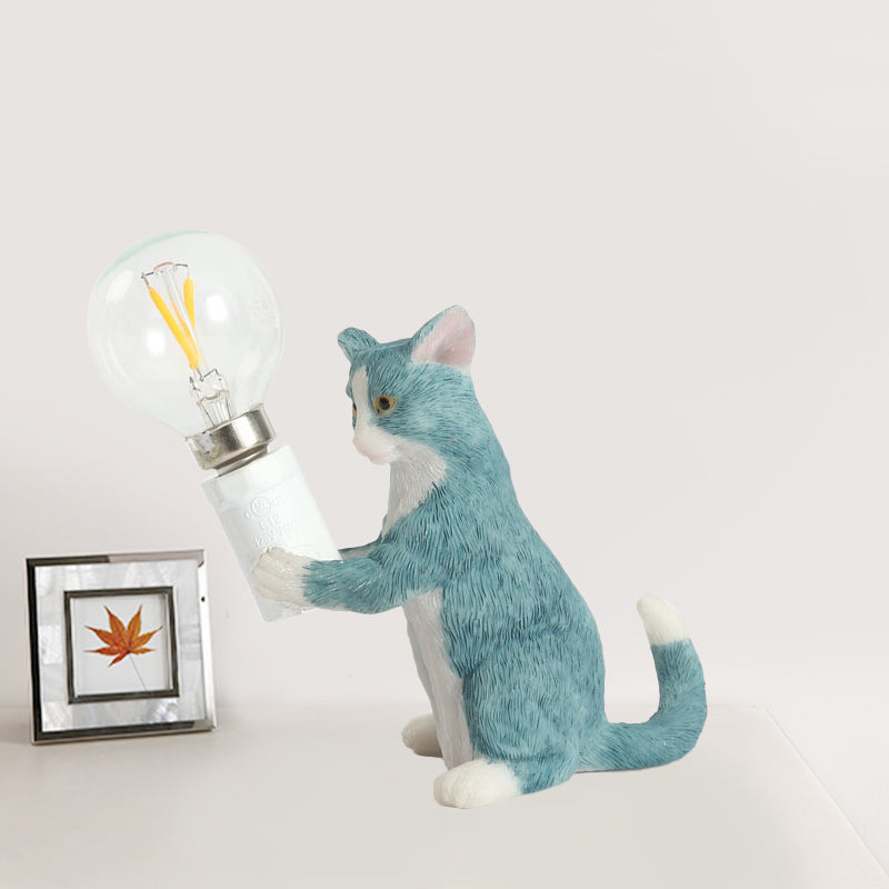 Tabby Cat Holder Table Lamp Kids Iron 1 Bulb Black/Yellow/Blue Nightstand Light with Bare Bulb Design Clearhalo 'Lamps' 'Table Lamps' Lighting' 815341