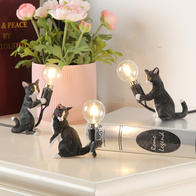 Tabby Cat Holder Table Lamp Kids Iron 1 Bulb Black/Yellow/Blue Nightstand Light with Bare Bulb Design Clearhalo 'Lamps' 'Table Lamps' Lighting' 815345