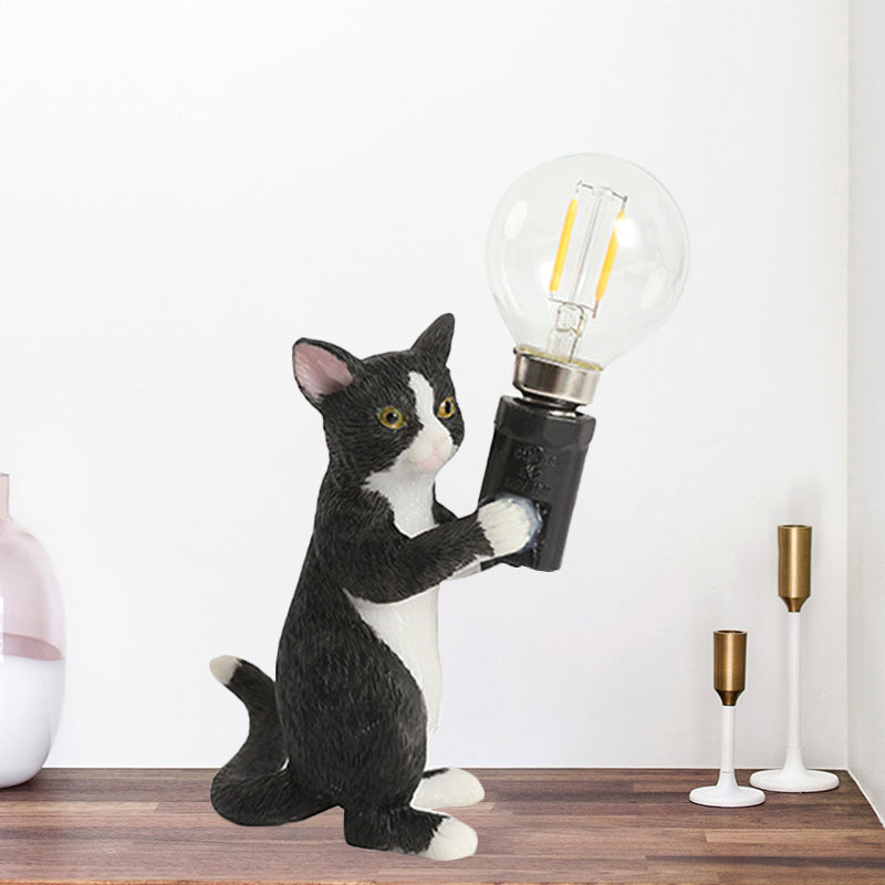 Tabby Cat Holder Table Lamp Kids Iron 1 Bulb Black/Yellow/Blue Nightstand Light with Bare Bulb Design Black A Clearhalo 'Lamps' 'Table Lamps' Lighting' 815348