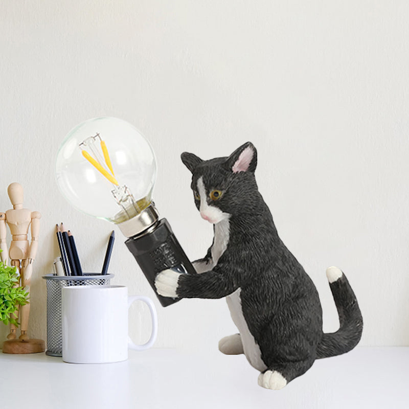 Tabby Cat Holder Table Lamp Kids Iron 1 Bulb Black/Yellow/Blue Nightstand Light with Bare Bulb Design B Clearhalo 'Lamps' 'Table Lamps' Lighting' 815352