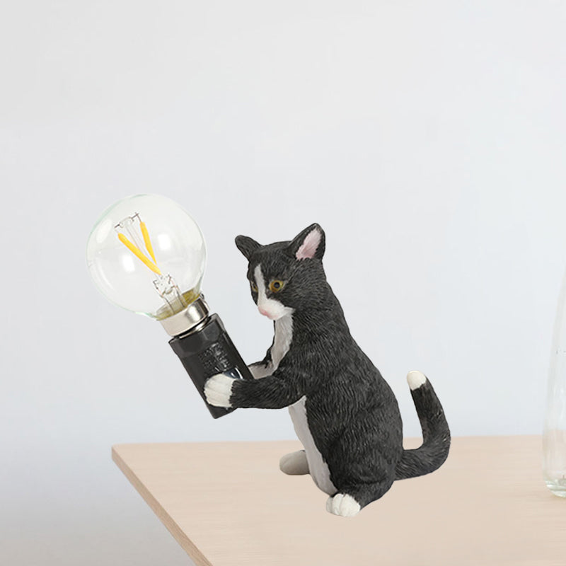 Tabby Cat Holder Table Lamp Kids Iron 1 Bulb Black/Yellow/Blue Nightstand Light with Bare Bulb Design Clearhalo 'Lamps' 'Table Lamps' Lighting' 815353