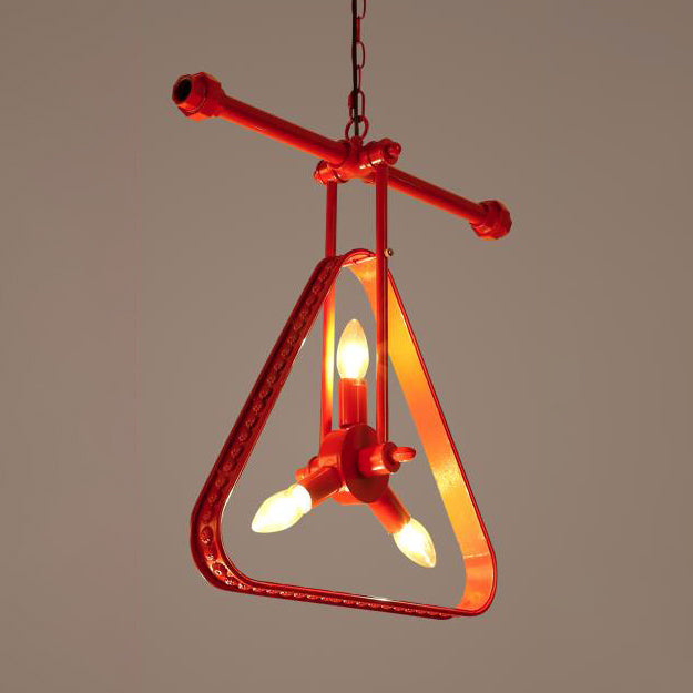 3 Heads Triangle Chandelier Lamp with Wire Frame Vintage Style Black/Red Metallic Hanging Ceiling Fixture Red Clearhalo 'Cast Iron' 'Ceiling Lights' 'Chandeliers' 'Industrial Chandeliers' 'Industrial' 'Metal' 'Middle Century Chandeliers' 'Rustic Chandeliers' 'Tiffany' Lighting' 81536