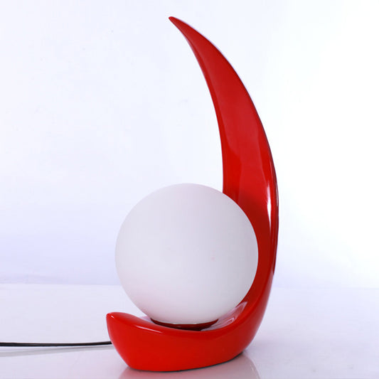 Moon Shape Nightstand Light Minimal Resin 1-Light Red Night Table Lamp with Orb Opal Glass Shade Red Clearhalo 'Lamps' 'Table Lamps' Lighting' 815360