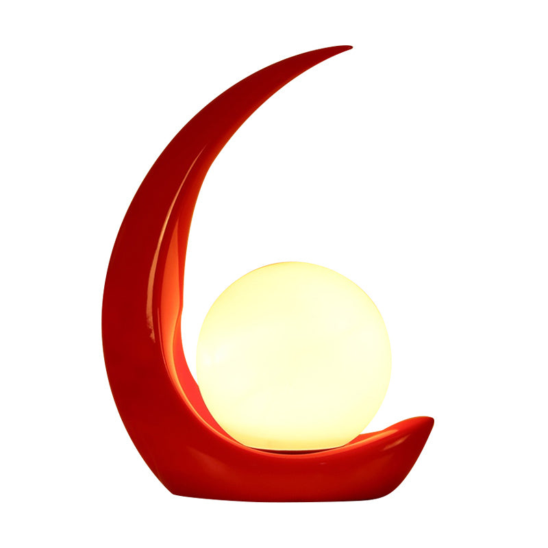 Moon Shape Nightstand Light Minimal Resin 1-Light Red Night Table Lamp with Orb Opal Glass Shade Clearhalo 'Lamps' 'Table Lamps' Lighting' 815362