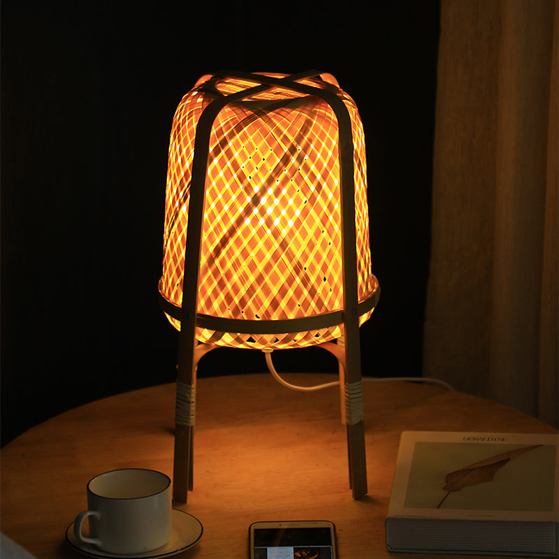 Beige Hand-Woven Table Light Asian Style 1 Bulb Bamboo Rattan Night Lamp for Bedside Clearhalo 'Lamps' 'Table Lamps' Lighting' 815365