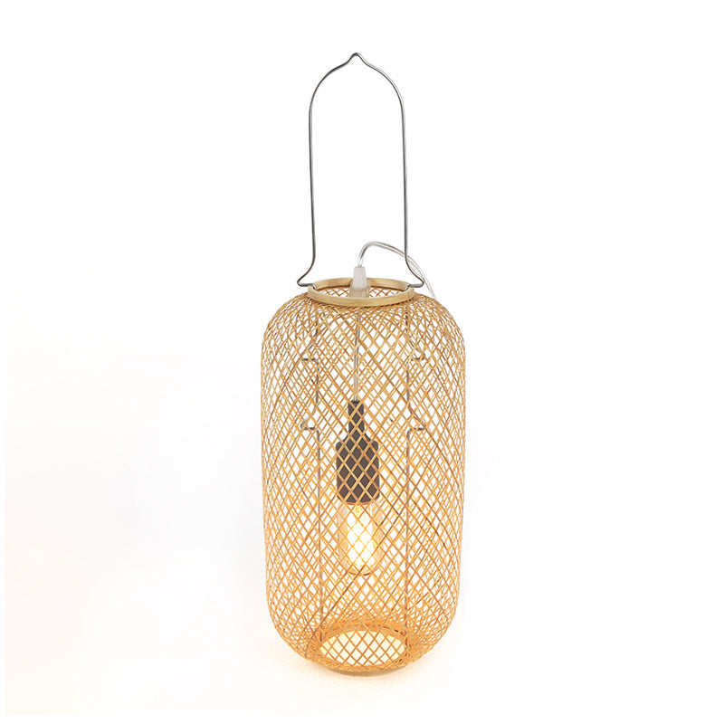 Asia-Style 1-Head Night Table Light Flaxen Cylinder Cage Nightstand Lamp with Bamboo Rattan Shade Clearhalo 'Lamps' 'Table Lamps' Lighting' 815370