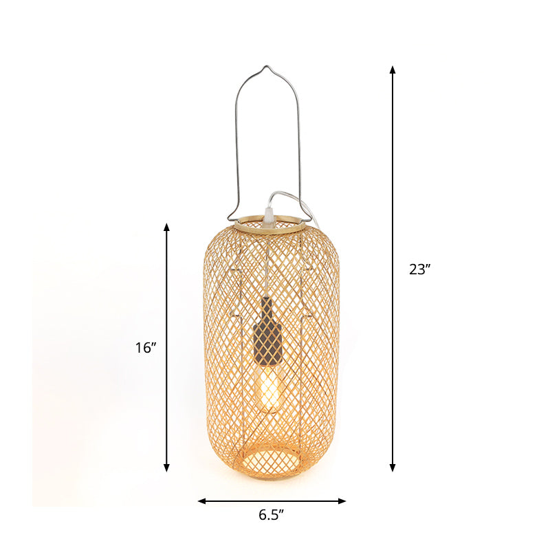 Asia-Style 1-Head Night Table Light Flaxen Cylinder Cage Nightstand Lamp with Bamboo Rattan Shade Clearhalo 'Lamps' 'Table Lamps' Lighting' 815371