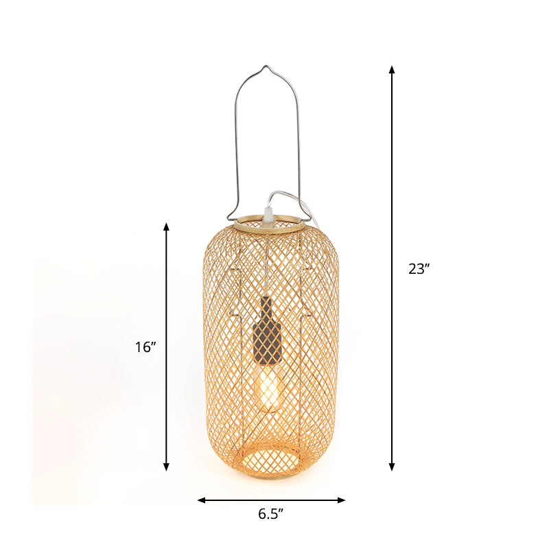 Asia-Style 1-Head Night Table Light Flaxen Cylinder Cage Nightstand Lamp with Bamboo Rattan Shade Clearhalo 'Lamps' 'Table Lamps' Lighting' 815371