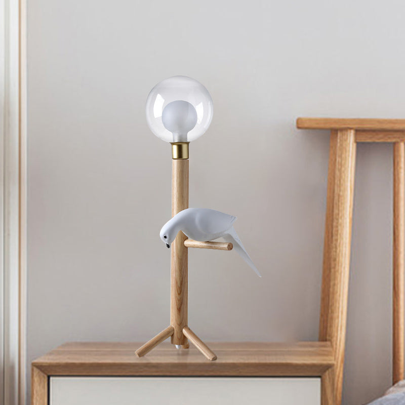 Sphere Bedside Night Light Clear Glass LED Modernist Wood Table Lamp with Bird Deco Wood Clearhalo 'Lamps' 'Table Lamps' Lighting' 815376