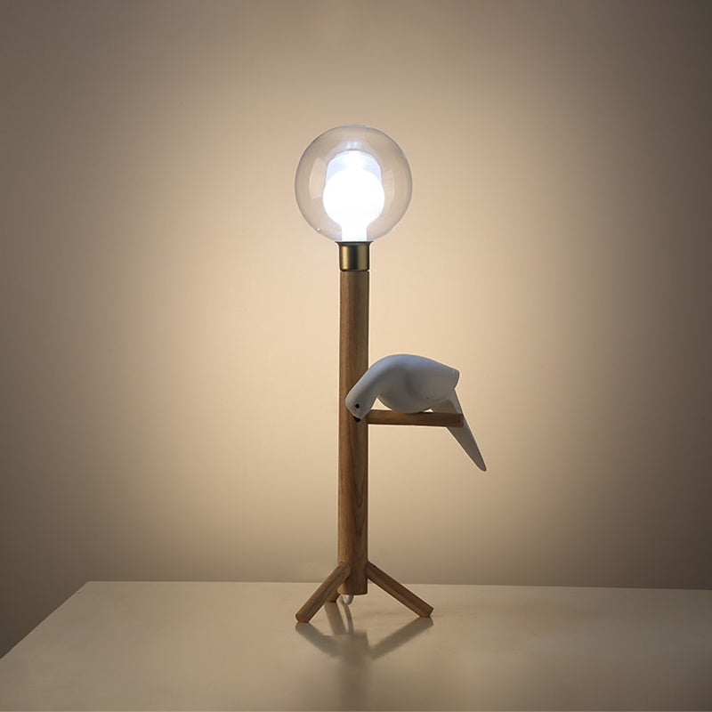 Sphere Bedside Night Light Clear Glass LED Modernist Wood Table Lamp with Bird Deco Clearhalo 'Lamps' 'Table Lamps' Lighting' 815377