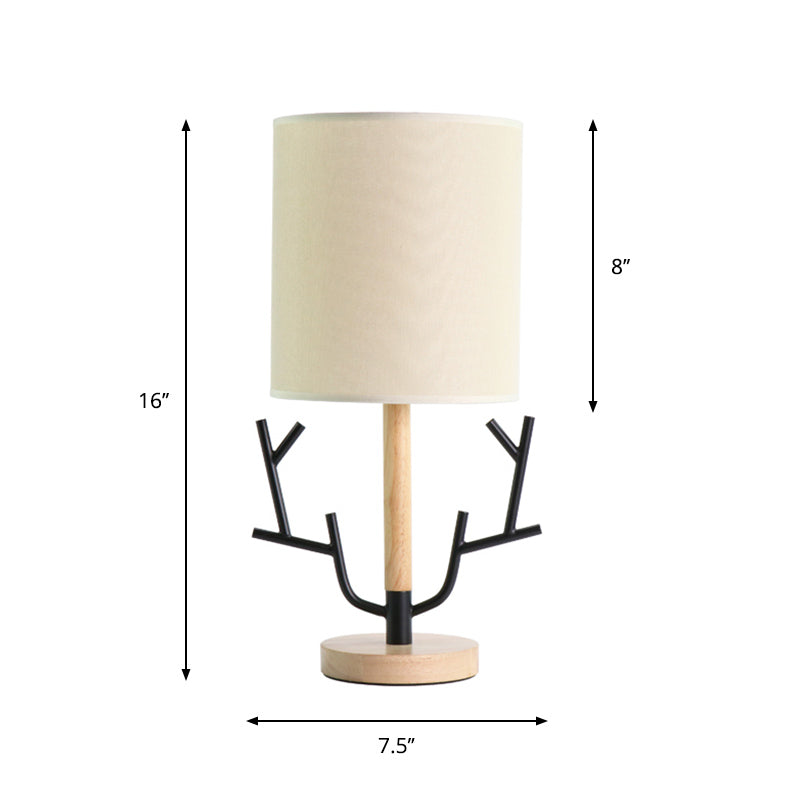 Branch Night Table Lamp Modern Wood 1-Light Black Reading Light with Barrel Fabric Shade for Bedroom Clearhalo 'Lamps' 'Table Lamps' Lighting' 815383