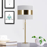 Post Modern Drum Table Light Fabric Single Bulb Bedside Nightstand Lamp in Gold with Pull Chain Clearhalo 'Lamps' 'Table Lamps' Lighting' 815385