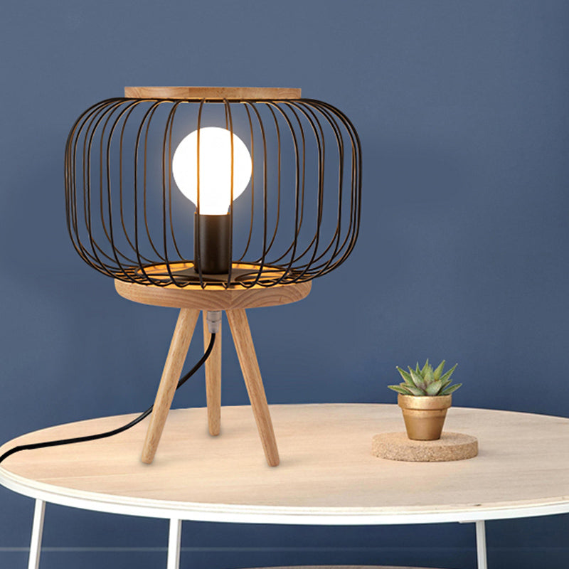 Drum Cage Iron Table Light Modernist 1 Head White/Black Finish Desk Lamp with Wood Tripod Base Black Clearhalo 'Lamps' 'Table Lamps' Lighting' 815422