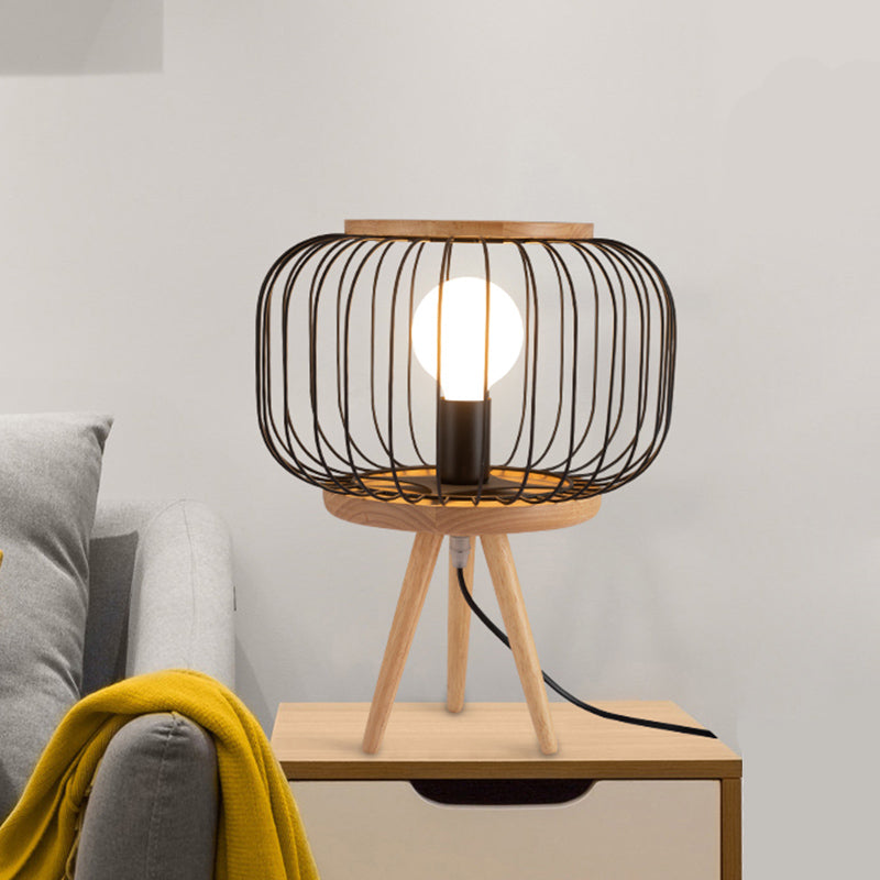 Drum Cage Iron Table Light Modernist 1 Head White/Black Finish Desk Lamp with Wood Tripod Base Clearhalo 'Lamps' 'Table Lamps' Lighting' 815423
