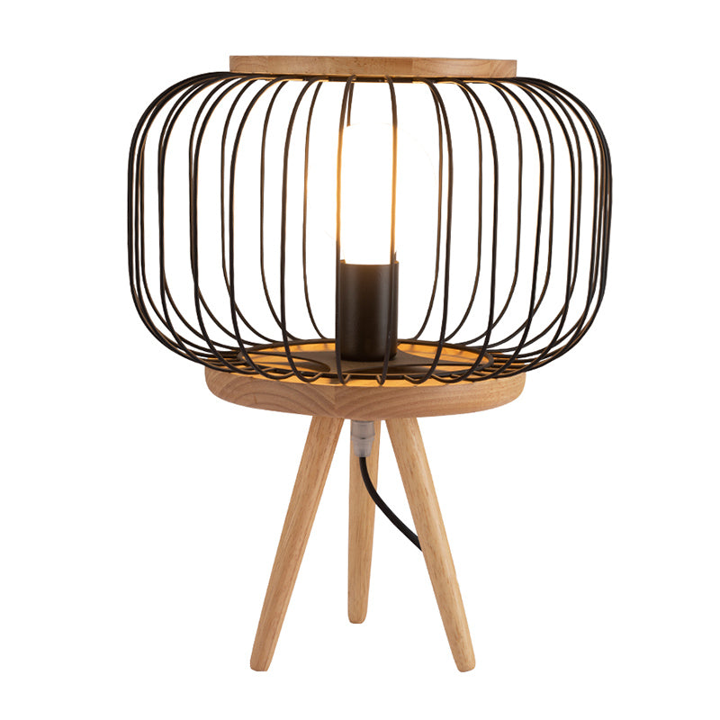 Drum Cage Iron Table Light Modernist 1 Head White/Black Finish Desk Lamp with Wood Tripod Base Clearhalo 'Lamps' 'Table Lamps' Lighting' 815424