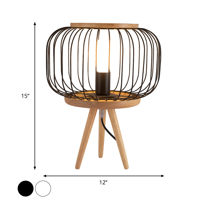 Drum Cage Iron Table Light Modernist 1 Head White/Black Finish Desk Lamp with Wood Tripod Base Clearhalo 'Lamps' 'Table Lamps' Lighting' 815425