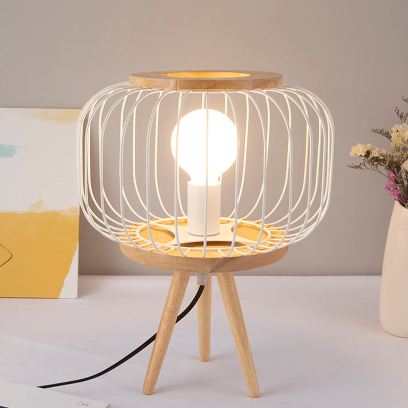 Drum Cage Iron Table Light Modernist 1 Head White/Black Finish Desk Lamp with Wood Tripod Base White Clearhalo 'Lamps' 'Table Lamps' Lighting' 815426