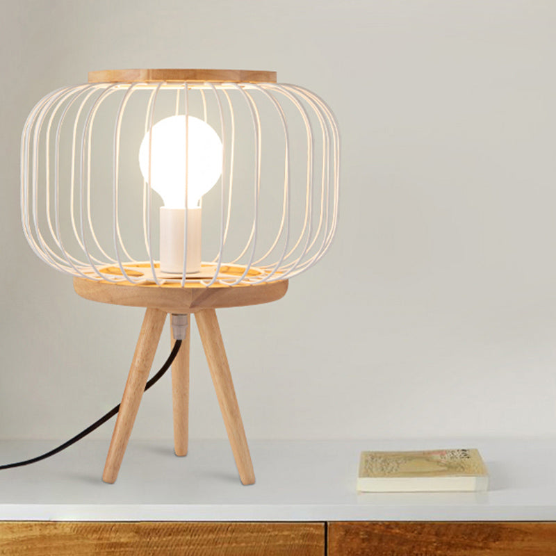 Drum Cage Iron Table Light Modernist 1 Head White/Black Finish Desk Lamp with Wood Tripod Base Clearhalo 'Lamps' 'Table Lamps' Lighting' 815428