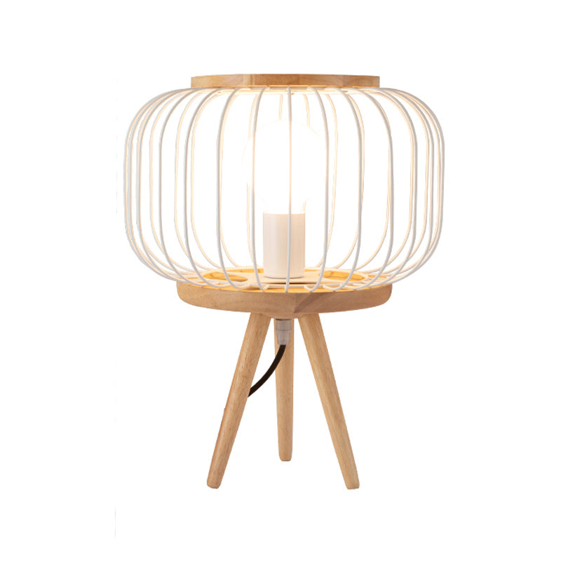 Drum Cage Iron Table Light Modernist 1 Head White/Black Finish Desk Lamp with Wood Tripod Base Clearhalo 'Lamps' 'Table Lamps' Lighting' 815429
