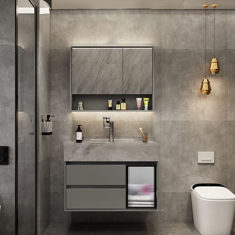 Grey Wall Mount Wood Bathroom Vanity Set with Mirror Included 31"L x 19"W x 22"H Clearhalo 'Bathroom Remodel & Bathroom Fixtures' 'Bathroom Vanities' 'bathroom_vanities' 'Home Improvement' 'home_improvement' 'home_improvement_bathroom_vanities' 8156460