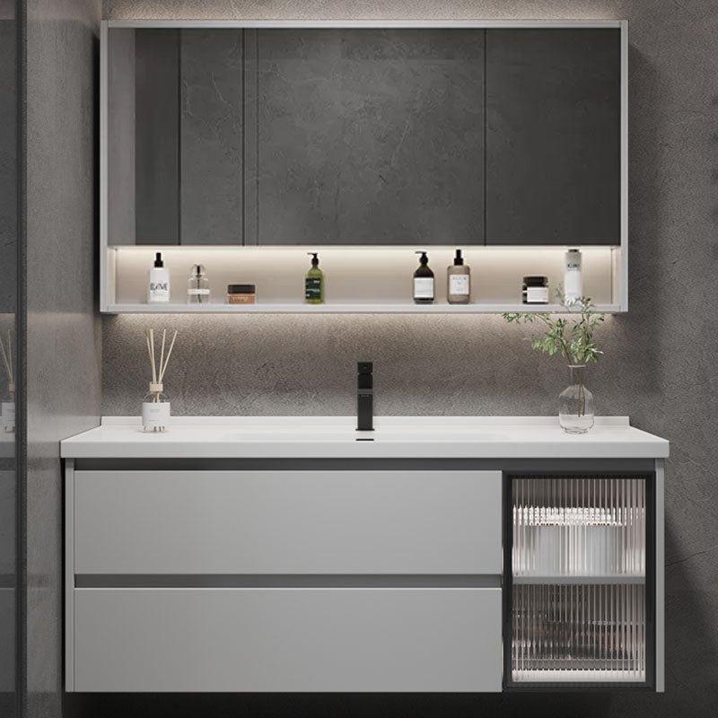 Wall Mounted Bathroom Vanity Set Mirror Wood Frame 2 Drawers Single Sink in Grey Clearhalo 'Bathroom Remodel & Bathroom Fixtures' 'Bathroom Vanities' 'bathroom_vanities' 'Home Improvement' 'home_improvement' 'home_improvement_bathroom_vanities' 8156475