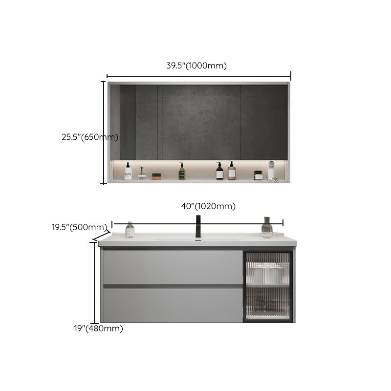 Wall Mounted Bathroom Vanity Set Mirror Wood Frame 2 Drawers Single Sink in Grey Clearhalo 'Bathroom Remodel & Bathroom Fixtures' 'Bathroom Vanities' 'bathroom_vanities' 'Home Improvement' 'home_improvement' 'home_improvement_bathroom_vanities' 8156487