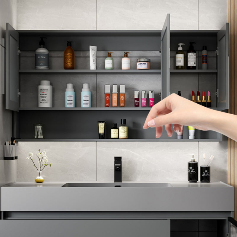 Wood Grey Wall-Mounted Modern Bathroom Vanity Set with Soft Close Door Clearhalo 'Bathroom Remodel & Bathroom Fixtures' 'Bathroom Vanities' 'bathroom_vanities' 'Home Improvement' 'home_improvement' 'home_improvement_bathroom_vanities' 8157280