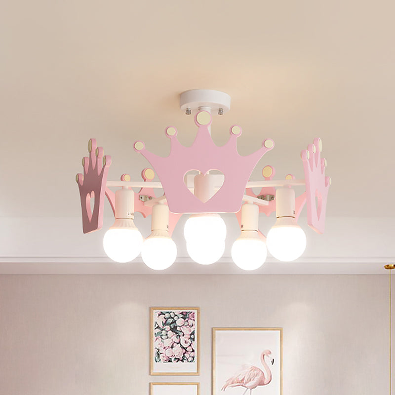 Pink Finish Sputnik Semi Flush Mount Light Nordic 6 Bulbs Metal Close to Ceiling Lamp with Wooden Crown Deco Pink Clearhalo 'Ceiling Lights' 'Close To Ceiling Lights' 'Close to ceiling' 'Semi-flushmount' Lighting' 816422
