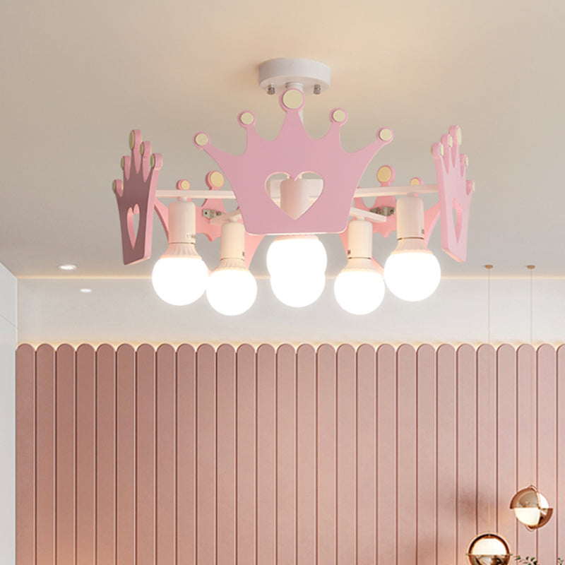 Pink Finish Sputnik Semi Flush Mount Light Nordic 6 Bulbs Metal Close to Ceiling Lamp with Wooden Crown Deco Clearhalo 'Ceiling Lights' 'Close To Ceiling Lights' 'Close to ceiling' 'Semi-flushmount' Lighting' 816423