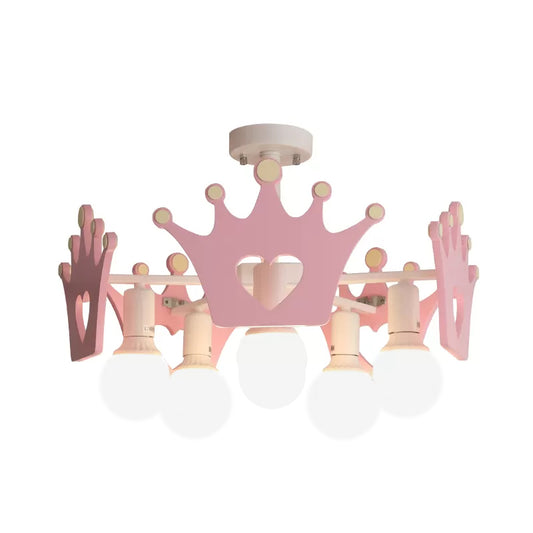 Pink Finish Sputnik Semi Flush Mount Light Nordic 6 Bulbs Metal Close to Ceiling Lamp with Wooden Crown Deco Clearhalo 'Ceiling Lights' 'Close To Ceiling Lights' 'Close to ceiling' 'Semi-flushmount' Lighting' 816424