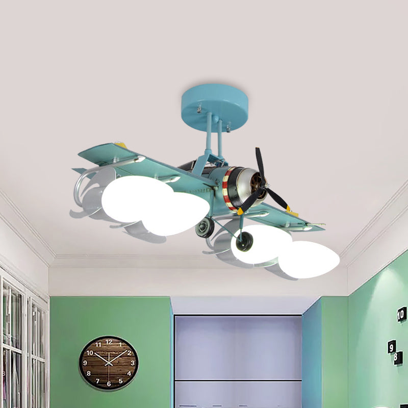 Iron Aircraft Shape Semi-Flush Ceiling Lamp Cartoon 4 Heads Green Flush Mount Lighting Clearhalo 'Ceiling Lights' 'Close To Ceiling Lights' 'Close to ceiling' 'Semi-flushmount' Lighting' 816459