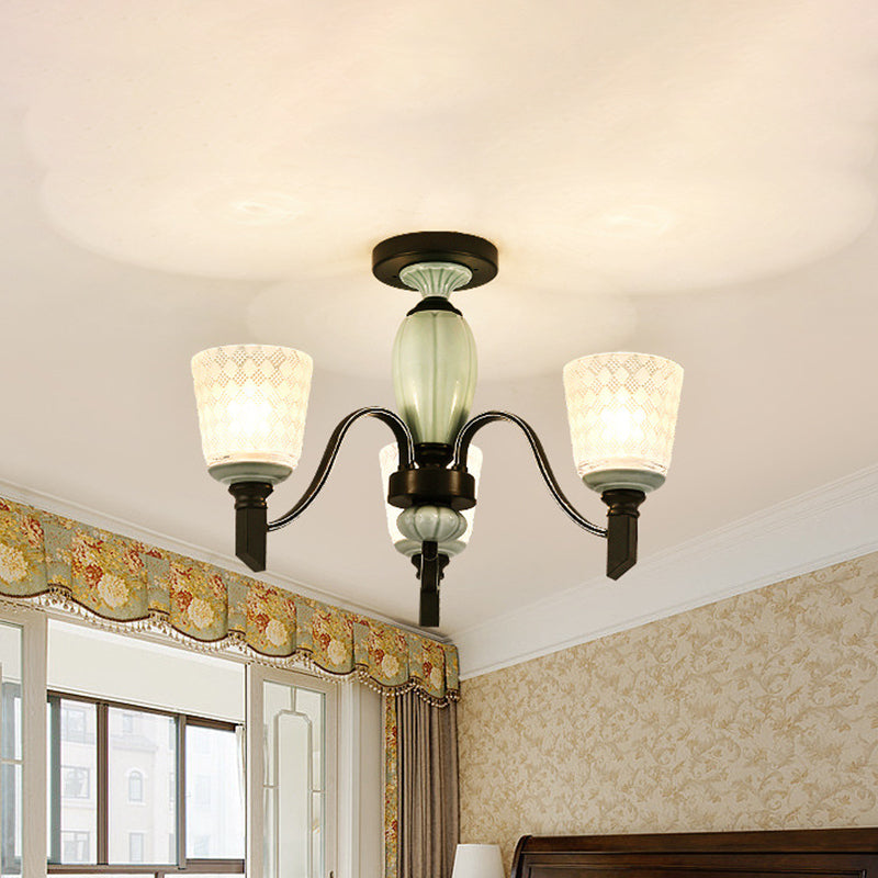 Conical Dining Room Semi Flush Antique Frosted Glass 3/6 Bulbs Black Ceiling Flush Mount Light 3 Black Clearhalo 'Ceiling Lights' 'Close To Ceiling Lights' 'Close to ceiling' 'Glass shade' 'Glass' 'Semi-flushmount' Lighting' 816506