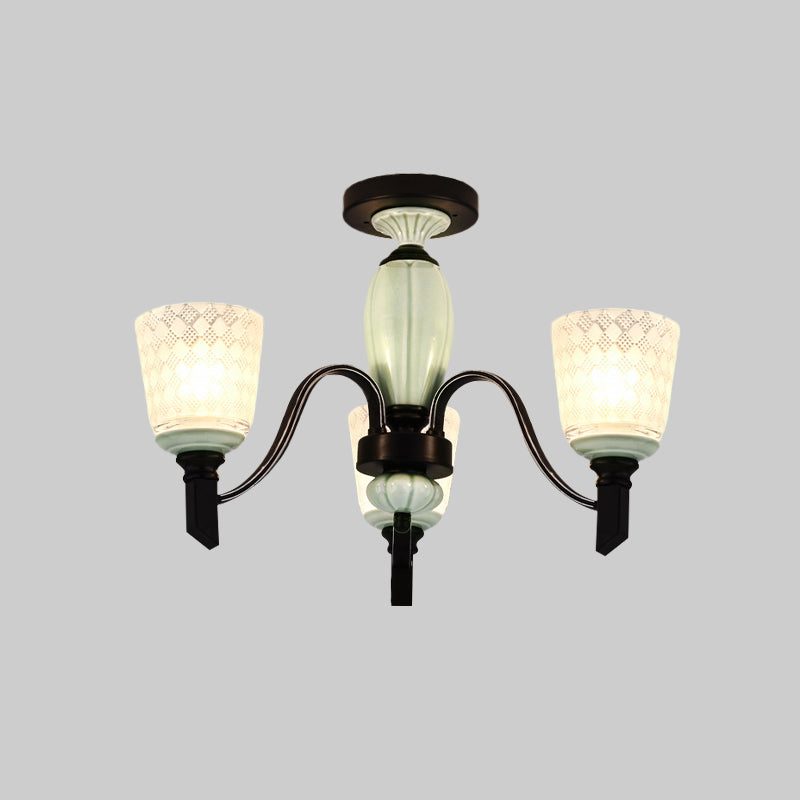 Conical Dining Room Semi Flush Antique Frosted Glass 3/6 Bulbs Black Ceiling Flush Mount Light Clearhalo 'Ceiling Lights' 'Close To Ceiling Lights' 'Close to ceiling' 'Glass shade' 'Glass' 'Semi-flushmount' Lighting' 816508
