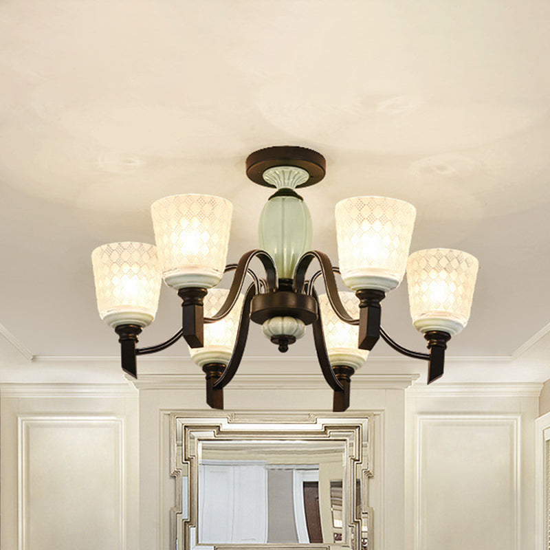 Conical Dining Room Semi Flush Antique Frosted Glass 3/6 Bulbs Black Ceiling Flush Mount Light 6 Black Clearhalo 'Ceiling Lights' 'Close To Ceiling Lights' 'Close to ceiling' 'Glass shade' 'Glass' 'Semi-flushmount' Lighting' 816510