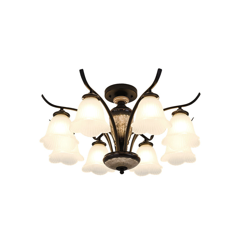 Flower White Glass Ceiling Lamp Vintage 3/6/8 Lights Dining Room Semi Flush Mount in Black Clearhalo 'Ceiling Lights' 'Close To Ceiling Lights' 'Close to ceiling' 'Glass shade' 'Glass' 'Pendant Lights' 'Semi-flushmount' Lighting' 816517