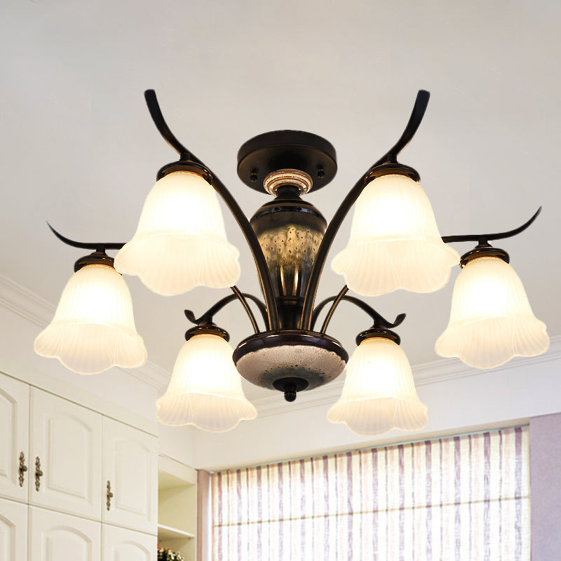 Flower White Glass Ceiling Lamp Vintage 3/6/8 Lights Dining Room Semi Flush Mount in Black Clearhalo 'Ceiling Lights' 'Close To Ceiling Lights' 'Close to ceiling' 'Glass shade' 'Glass' 'Pendant Lights' 'Semi-flushmount' Lighting' 816520