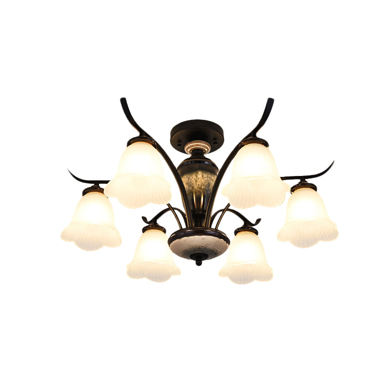 Flower White Glass Ceiling Lamp Vintage 3/6/8 Lights Dining Room Semi Flush Mount in Black Clearhalo 'Ceiling Lights' 'Close To Ceiling Lights' 'Close to ceiling' 'Glass shade' 'Glass' 'Pendant Lights' 'Semi-flushmount' Lighting' 816521