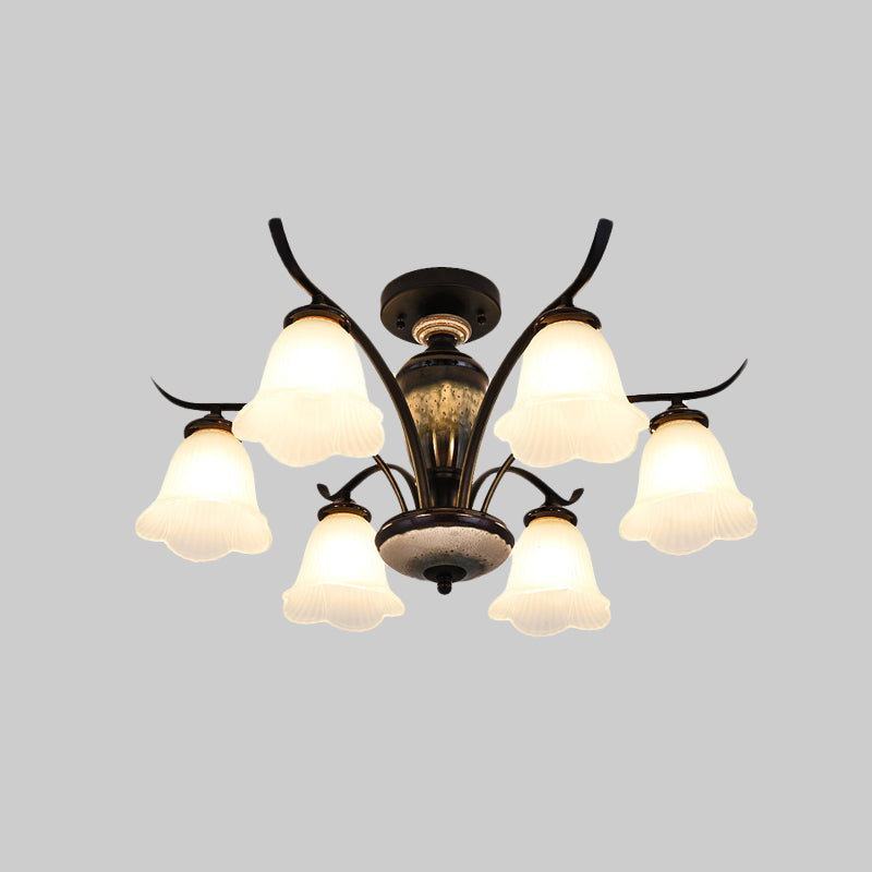Flower White Glass Ceiling Lamp Vintage 3/6/8 Lights Dining Room Semi Flush Mount in Black Clearhalo 'Ceiling Lights' 'Close To Ceiling Lights' 'Close to ceiling' 'Glass shade' 'Glass' 'Pendant Lights' 'Semi-flushmount' Lighting' 816522