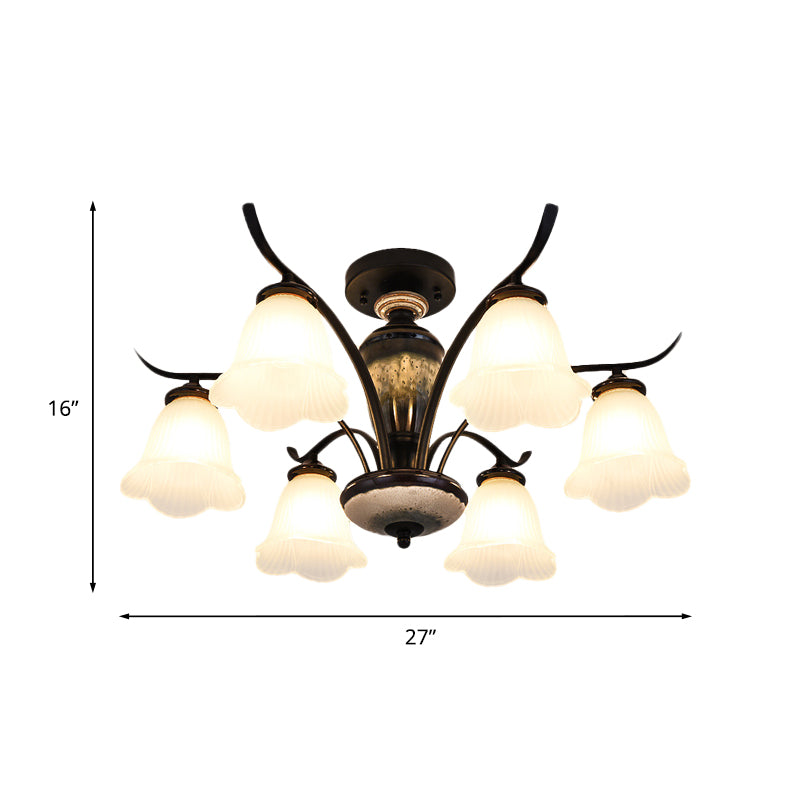 Flower White Glass Ceiling Lamp Vintage 3/6/8 Lights Dining Room Semi Flush Mount in Black Clearhalo 'Ceiling Lights' 'Close To Ceiling Lights' 'Close to ceiling' 'Glass shade' 'Glass' 'Pendant Lights' 'Semi-flushmount' Lighting' 816523