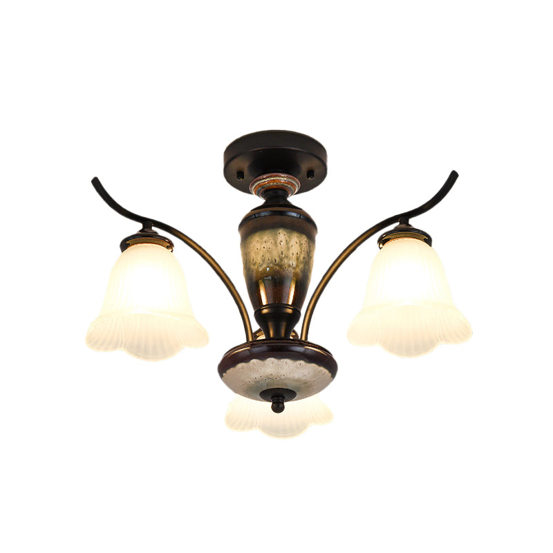 Flower White Glass Ceiling Lamp Vintage 3/6/8 Lights Dining Room Semi Flush Mount in Black Clearhalo 'Ceiling Lights' 'Close To Ceiling Lights' 'Close to ceiling' 'Glass shade' 'Glass' 'Pendant Lights' 'Semi-flushmount' Lighting' 816526