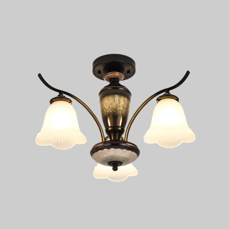 Flower White Glass Ceiling Lamp Vintage 3/6/8 Lights Dining Room Semi Flush Mount in Black Clearhalo 'Ceiling Lights' 'Close To Ceiling Lights' 'Close to ceiling' 'Glass shade' 'Glass' 'Pendant Lights' 'Semi-flushmount' Lighting' 816527