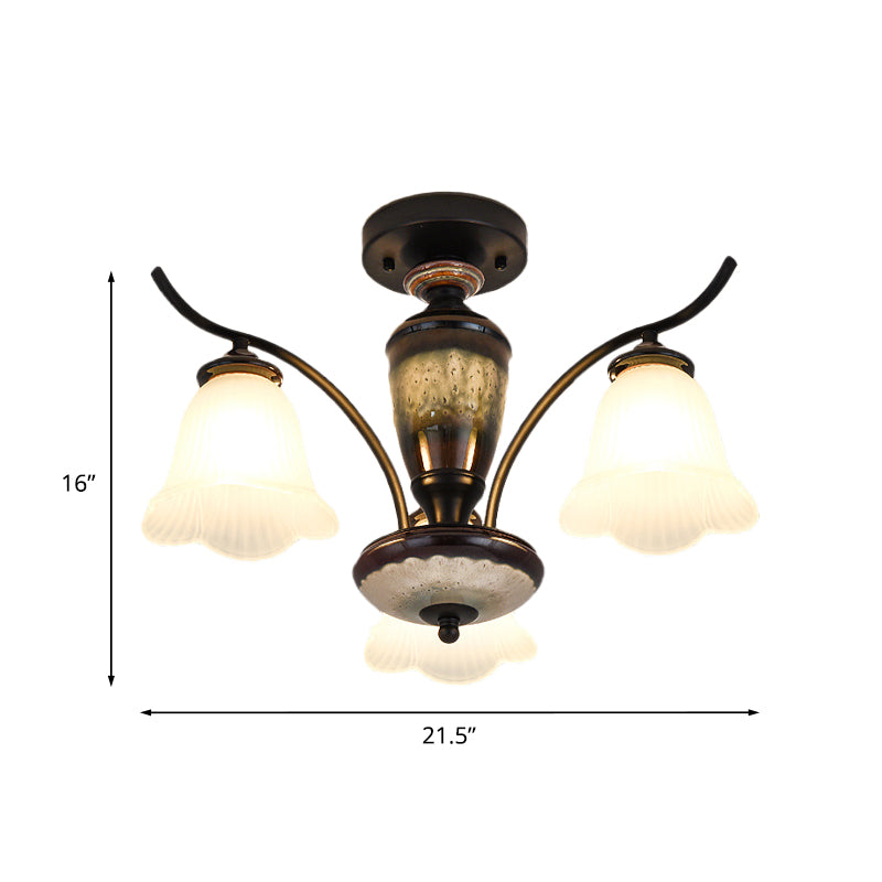 Flower White Glass Ceiling Lamp Vintage 3/6/8 Lights Dining Room Semi Flush Mount in Black Clearhalo 'Ceiling Lights' 'Close To Ceiling Lights' 'Close to ceiling' 'Glass shade' 'Glass' 'Pendant Lights' 'Semi-flushmount' Lighting' 816528