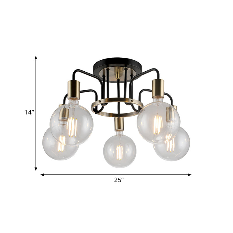 Clear Glass Black and Gold Semi Flush Lighting Vintage 3/5-Bulb Living Room Flush Ceiling Lamp Clearhalo 'Ceiling Lights' 'Close To Ceiling Lights' 'Close to ceiling' 'Glass shade' 'Glass' 'Semi-flushmount' Lighting' 816686