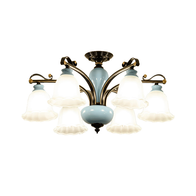 Flower White Glass Semi-Flush Ceiling Light Traditional 6/8 Heads Bedroom Flush Mounted Lamp Clearhalo 'Ceiling Lights' 'Close To Ceiling Lights' 'Close to ceiling' 'Glass shade' 'Glass' 'Semi-flushmount' Lighting' 816701