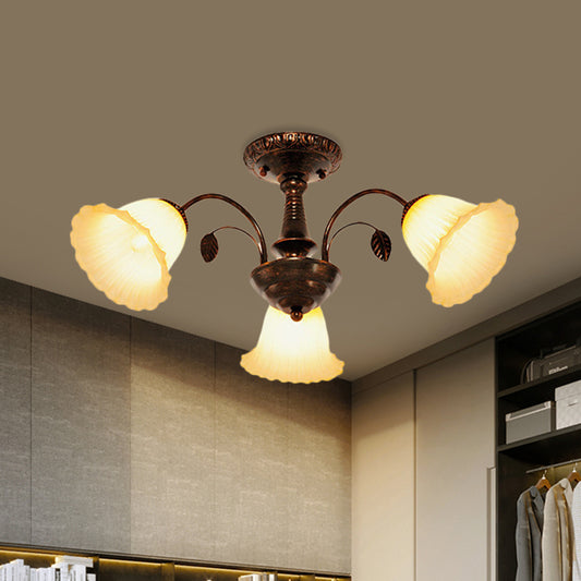 Bronze 3/5 Lights Semi Flush Countryside Frosted Glass Blossom Ceiling Mount Light Fixture for Bedroom 3 Bronze Clearhalo 'Ceiling Lights' 'Close To Ceiling Lights' 'Close to ceiling' 'Glass shade' 'Glass' 'Semi-flushmount' Lighting' 816776