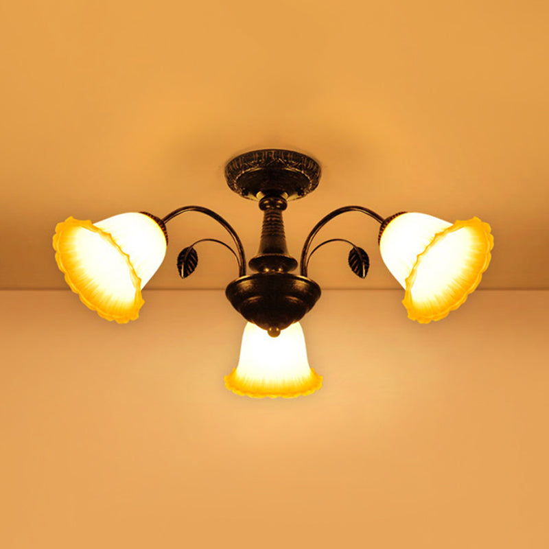 Bronze 3/5 Lights Semi Flush Countryside Frosted Glass Blossom Ceiling Mount Light Fixture for Bedroom Clearhalo 'Ceiling Lights' 'Close To Ceiling Lights' 'Close to ceiling' 'Glass shade' 'Glass' 'Semi-flushmount' Lighting' 816778